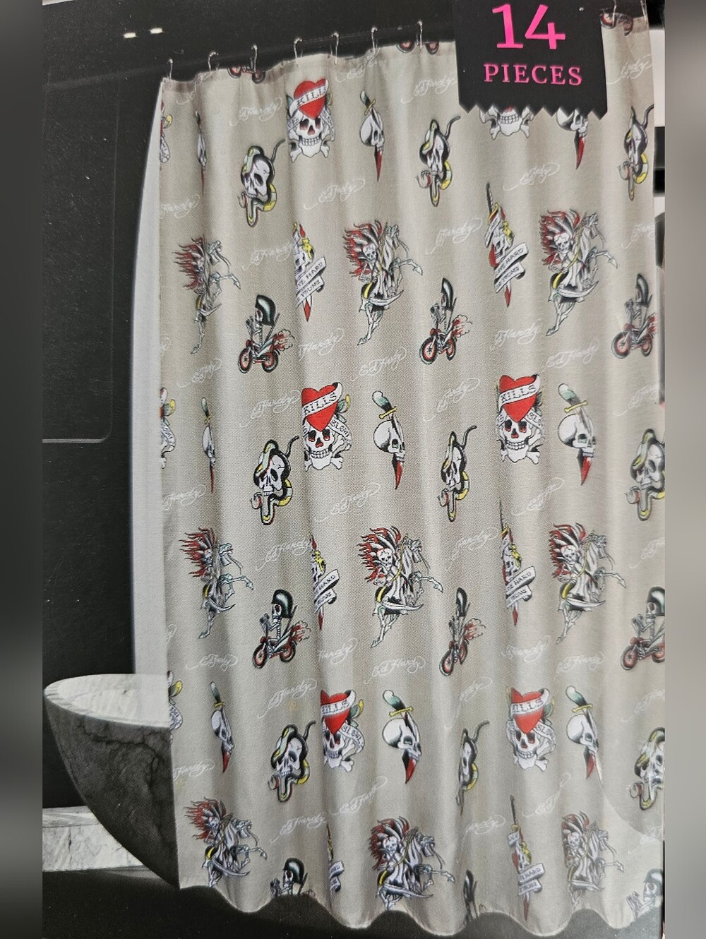 NWT!  Ed Hardy Shower Curtain 14 Piece Set with SHADOW Tattoo Love Kills Design